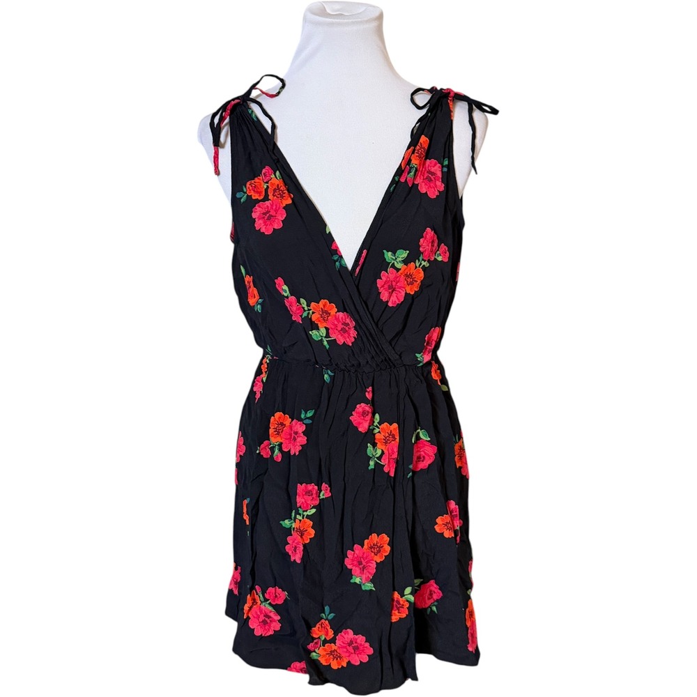 Express Floral Mini Dress Womens‎ Medium Black Red Orange Tie Shoulder Surplice